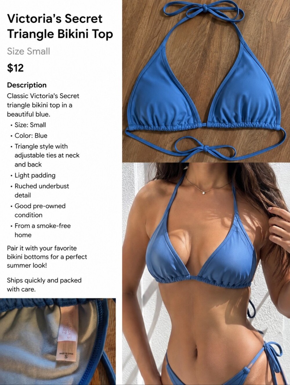 S - Victoria's Secret Blue Triangle Bikini Top - Solid Blue